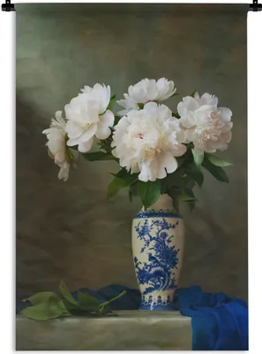 Produktbild von MuchoWow® Wandteppich Wandbehang Vase - Pfingstrosen - Weiß 60x90 cm Tapisserie Dekoration Wandtuch - Foto-Teppich - Abwaschbar
