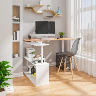 Produktbild von WOLTU Schreibtisch Eckschreibtisch Computertisch Bürotisch Arbeitstisch mit Ablagen 120x100x74cm(BxTxH), MDF Hell Eiche