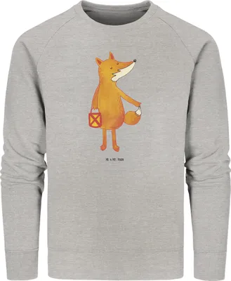 Produktbild von Mr. & Mrs. Panda Baumwoll Pullover Fuchs Laterne Größe L - Heather Grey - Geschenk, Pulli, Selbstbewusst, Sankt Martin, Bio, Sweatshirt, Sweater, Füchse, Bio-Pullover