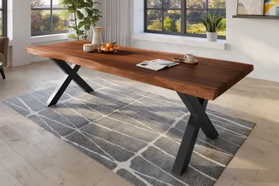 Produktbild von Baumkantentisch 280 x 110 cm Esstisch massiv Akazie Nussbaum X-Gestell Schwarz TITAN