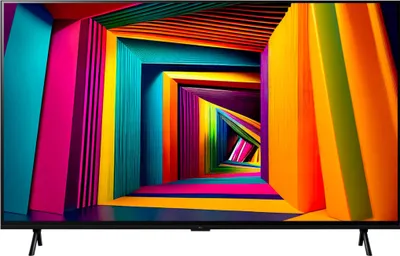 A television set with a colorful abstract image displayed on its screen, placed on a stand.