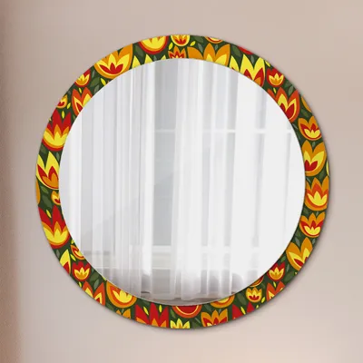 Produktbild von Runder Spiegel mit Modernem Aufdruck - Dekospiegel Wandmontage -retro Tulpen- Ø90cm
