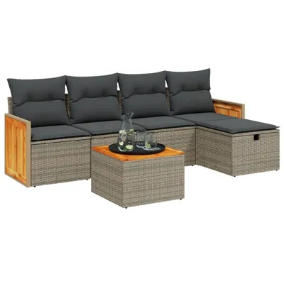 Image de ensemble de salon de jardin 6 pièces avec coussins Gris Poly Rattan