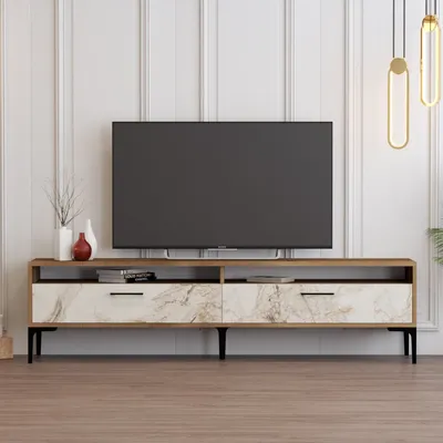 Produktbild von Skye Decor, Moderner TV-Ständer aus 100% melaminbeschichtetem Spanplatten, 180 x 35 x 47 cm, Walnuss und weißer Marmor | 18 mm dick | Elegantes Design für Ihr Zuhause.
