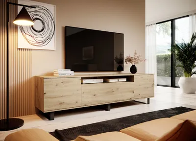 Produktbild von TV-Schrank 180 cm, Fernsehtisch, Lowboard, Eiche Artisan Matt, schwarze Metallfüße, Modernes Design, "Masimo"