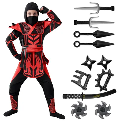 Produktbild von Spooktacular Creations Rot Schwarz Halloween Krieger Ninja Kostüm für Jungen und Mädchen, Halloween Verkleidungsparty, Ninja Rollenspiel, Themenpartys für Weihnachten, Karneval