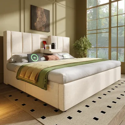 Imagen del producto de Cama tapizada Zerbaco, cama de matrimonio, 140x190 cm, con espacio de almacenamiento debajo, sistema hidráulico, tapizada en lino, color beige, con somier, sin colchón