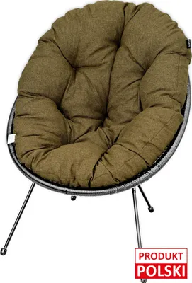 A round, cushioned chair with a woven frame and three metal legs, set against a white background. A small red and white label is visible in the bottom right corner.