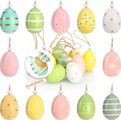 Produktbild von com-four® 12x Ostereier zum Aufhängen - Osterdeko aus Holz in tollen Farben - Deko Ostereier mit schönen Mustern