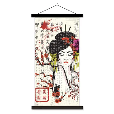 Produktbild von MuchoWow® Textilposter Japanische Illustration traditionelle Frau 90x180 cm mit schwarzem Rahmen - Dekoration Wohnzimmer