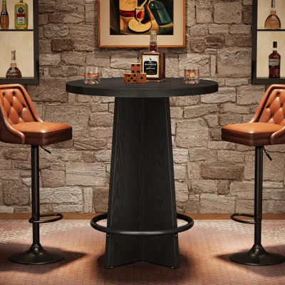 Produktbild von Tribesigns Runder Bartisch, 94 cm hoch, aus Holz, Bistrotisch mit Sockel und Metallring-Fußstütze für Kaffeehaus, Zuhause, kleiner Raum (nur Tisch)
