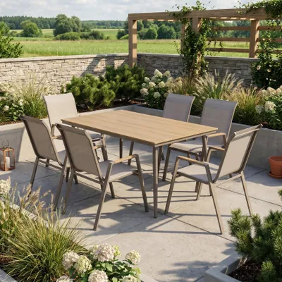 Produktbild von BEAUTYSOFA | VALENCIA 6+1 Garten Essgruppe Taupe – Gartenmöbel Set mit Tisch & 6 Stühlen, Terrassen- Balkon-möbel, Gartengarnitur, Stahl & Polywood