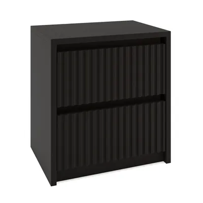 Produktbild von Nachttisch LUMIA schwarz 42x30x45 cm mit zwei Schubladen – Moderne Nachtkommode mit Geriffelt Front