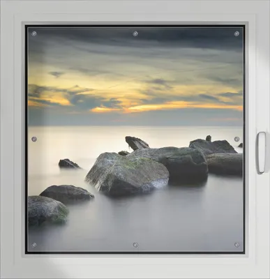Produktbild von Wallario Lichtschutzbild, Dekorativer Sichtschutz Sonnenschutz 96 x 93 cm mit Motiv: Mystische Felsen im Meer - Verdunklung ohne Bohren