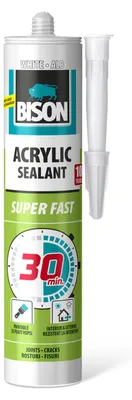Obrázek produktu pro BISON Akrylová tmelící hmota bílá, 300 ml - Akrylová tmelící hmota vhodná k přetíratelnosti - Tmel pro spáry - Akrylová tmelící hmota pro praskliny, spáry a mezery - Vhodná pro vnitřní i venkovní použití - Kartuš. [B05624]