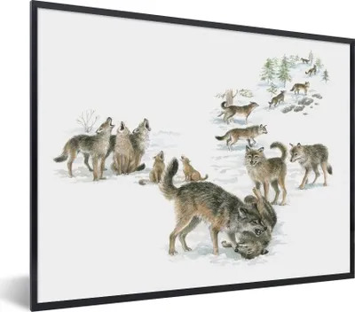 Produktbild von MuchoWow® Gerahmtes Poster Wölfe - Schnee - Winter 80x60 cm - Poster mit Schwarzem Bilderrahmen Wandposter Rahmen Foto Bilder - Schwarzem - Mit Gestell