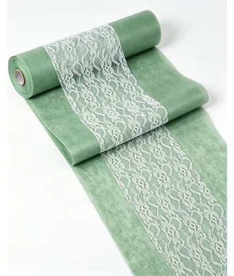 Zdjęcie produktu dla Bieżnik z materiału filcowego, zielony, 30 cm x 25 m oraz wstążki koronkowe, białe, 15 cm x 25 m