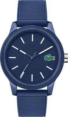 A close-up, front-facing studio shot of a blue Lacoste analog watch against a white background.