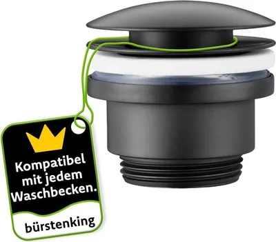 Produktbild von Bürstenking Universal Ablaufgarnitur, für Waschbecken und Waschtisch, einfache Montage und Reinigung, 1 1/4" Anschlussgewinde, aus Messing, Wasserstopp mit Push Open Funktion, Mattschwarz