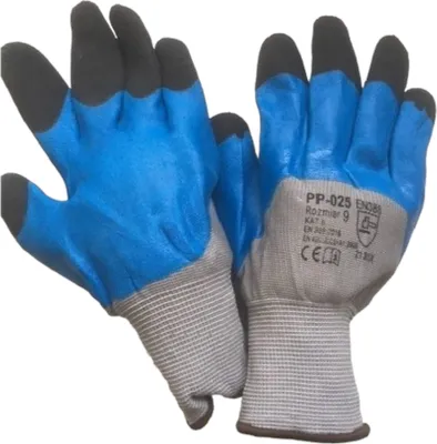 Produktbild von Arbeitshandschuhe - K033 Flex, Latexschaum mit Textilbundchen , blau mit grauen Handrücken und verstärkten schwarzen Fingerbereich, Gr. 10