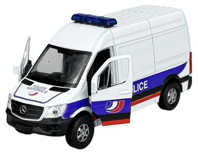 Image de Welly, fourgonnette Mercedes-Benz Sprinter, version police française, modèle réduit en métal, échelle 1:34, neuf dans sa boîte, référence 43730