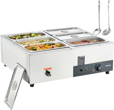 Produktbild von VEVOR Edelstahl Buffetwärmer Speisewärmer 1500 W, 6 x 5 L Buffetbehälter, 176 x 325 x 150 mm Jeder Behälter Verwendbar, inkl. Deckel & Ablaufhahn & Trockenbrennanzeige, für Kantine, Café usw.