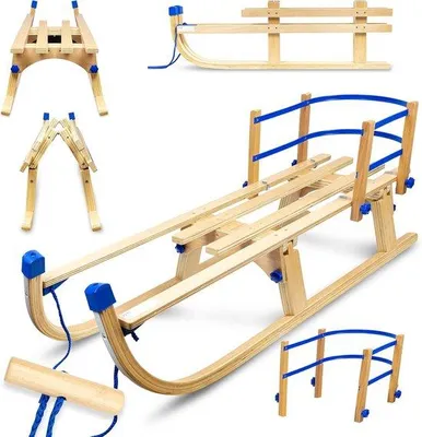 Produktbild von Famanu Klappbarer Holz-Schlitten Kinderschlitten Rückenlehne Winterspaß Platzsparend - Blau