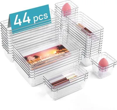 Produktbild von Set mit 44 Schubladeneinteilern, transparente Kunststoff-Aufbewahrungsboxen in 4 Größen für Make-up, Küchenutensilien, Büro- und Büromaterial