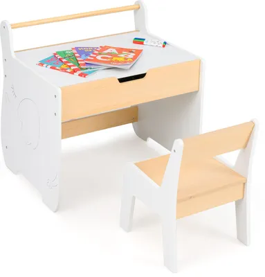 Obrázek produktu pro COSTWAY dětský stolek se židlí, dětská sedací souprava 3 v 1 s úložným prostorem, držákem na papírové role, oboustrannou deskou a stolkem, sedací souprava pro děti od 3 let, bílá barva