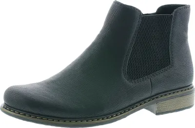 A single black Chelsea boot is shown against a white background.