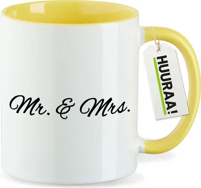 Produktbild von Huuraa Kaffeetasse Mr. & Mrs. Schriftzug 330ml Gelb Keramik Kaffeebecher Geschenkidee