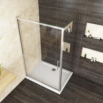 Produktbild von Eckduschtür Schiebetür 100x185cm mit Seitenteil 80x185cm,5mm ESG Klarglas,Komplett Chrom-Optik mit Griff,platzsparend,Eckeinstieg Dusche