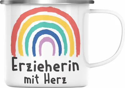 Produktbild von Trendation - Erzieherin Emaille Tasse Geschenk mit Herz Geschenke Abschiedsgeschenk mit Spruch Emaille Emaille Tasse Kindergärtnerin (Silber)