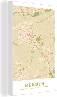 Obrázok produktu pre OneMillionCanvasses® - Obraz na plátne - 90x140 cm, Menden - Mapa - Vintage - Mapa mesta, Nástenná umelecká dekorácia - Fotografia na plátne - Maľba na drevenom ráme - Dekorácia na stenu - Spálňa