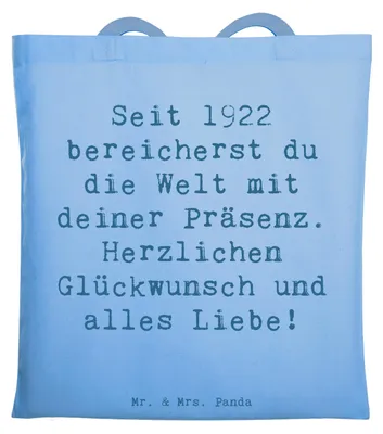 Produktbild von Mr. & Mrs. Panda Beutel Spruch 1922 Geburtstag - Sky Blue - Geschenk, Geburtstagsfeier, Erinnerungen, canvas tasche, handgefertigte Geschenke, Schultasche, Alter, Vintage