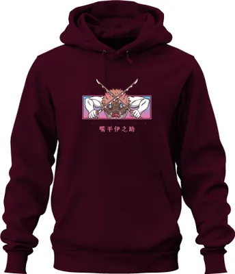Zdjęcie produktu dla Inosuke Hashibira Boar Mask Crossed Swords Kimetsu Gift Uni Bluza z kapturem, bordowy, XXL