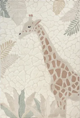 A rug with a giraffe pattern and tropical leaves.