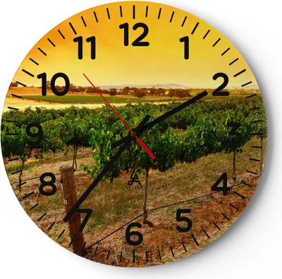 Produktbild von Wanduhr - Rund - Glasuhr - Landschaft Weinberg Sonnenuntergang - 30x30cm - Schleichendes Uhrwerk - Lautlos - zum Aufhängen bereit - Dekoration Modern - Wanddekoration aus Glas - C4AR30x30-0116