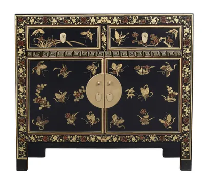 Produktbild von Fine Asianliving Chinesischer Schrank Schwarz Schmetterlinge Handbemalt - Orientique Kollektion B90xT40xH80cm Chinesischer Schrank Chinesischer Hochzeitsschrank Orientalische Möbel Asiatische