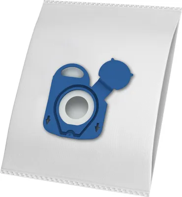 A white vacuum cleaner bag with a blue plastic fitting.