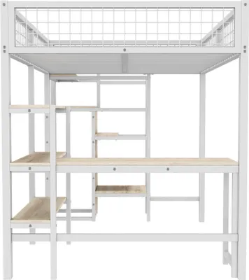 Produktbild von okwish Hochbett 140x200cm mit Rausfallschutz, Etagenbett Stockbett mit Tisch und Regalen, Metallbett Kinderbett Bettgestell mit Lattenrost, Weiß