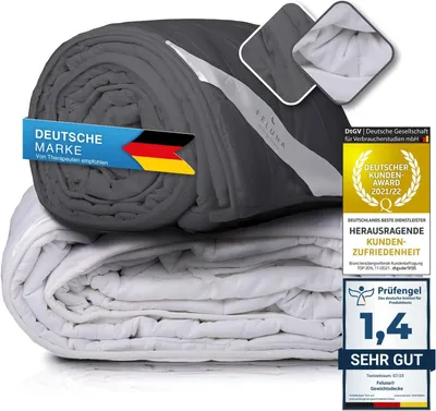 A rolled and folded weighted blanket with marketing badges and awards.