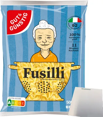 Produktbild von Nudeln Fusilli Pasta aus Italien (500g Beutel) + usy Block