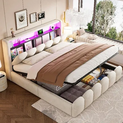 Produktbild von Polsterbett 180x200cm mit hydraulischem Stauraum, Kopfteil mit USB- und Typ-C-Anschlüssen, LED-Beleuchtung und Samtbezug in Beige