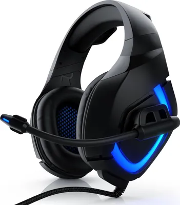 A black gaming headset with blue LED accents is shown against a white background.
