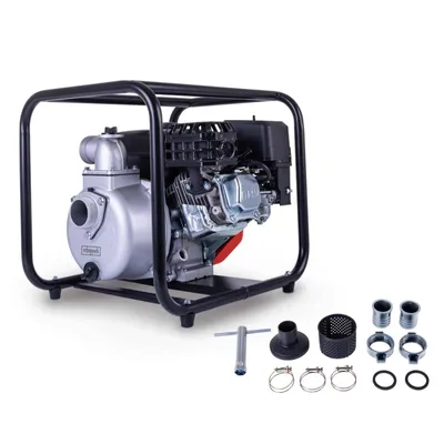 A water pump and its accessories are displayed on a white background.
