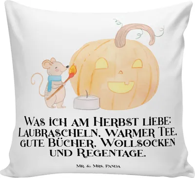 Produktbild von Mr. & Mrs. Panda Sofakissen Kürbis Maus - Weiß - Geschenk, Halloween Deko, Kissen 40x40, Kerzen, Trick Or Treat, bedruckt, für couch, Dekoration, sofa