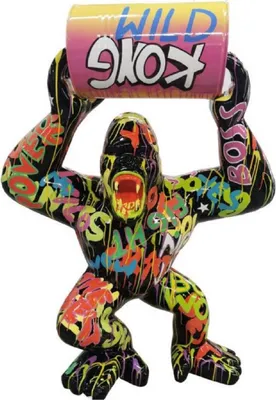Produktbild von Casa Padrino Luxus Deko Skulptur Gorilla Affe mit Fass Schwarz / Bunt H. 250 cm - Große Deko Figur - XXL Deko Skulptur - XXL Deko Figur - Wohnzimmer Deko - Garten Deko - Luxus Figuren