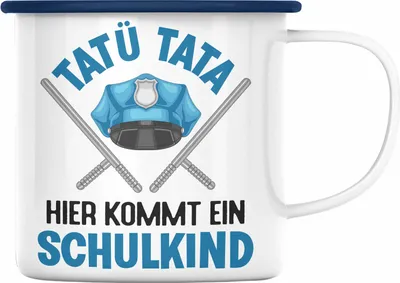 Produktbild von Trendation - Einschulung Junge Tatü Tata Schulkind Geschenk für Schultüte Füllung Emaille Tasse Schulstart 1. Schultag Schuleinführung Schulanfang Geschenkidee 2022 (Blau)