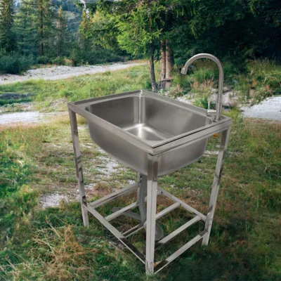 Produktbild von Edelstahl-Metall-Camping-Spüle mit Wasserhahn und Abflussrohr Outdoor-Waschbecken freistehend tragbar
